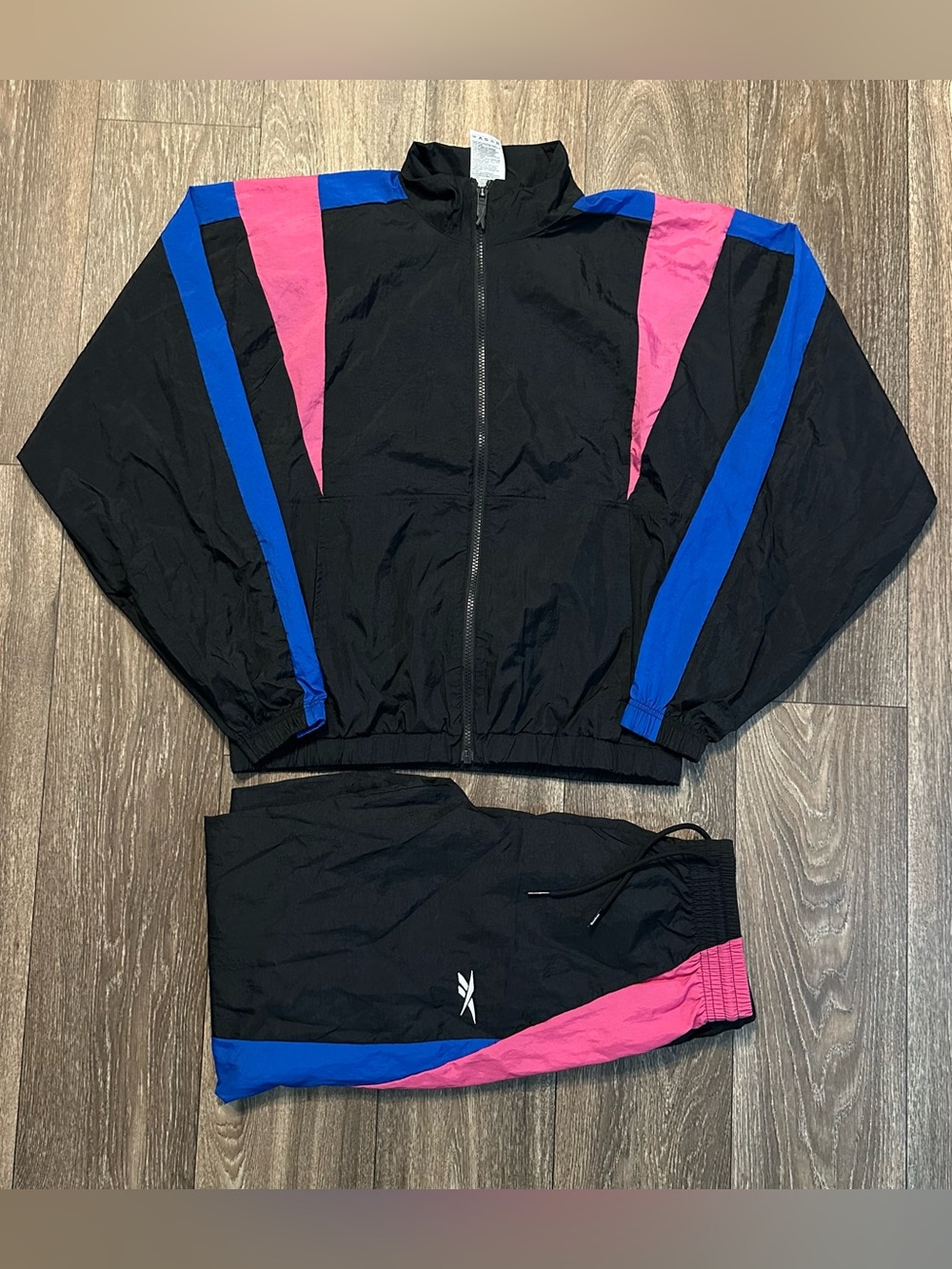 Pink, blue, and black retro style color block windbreaker set Sz S by Reebok NWT